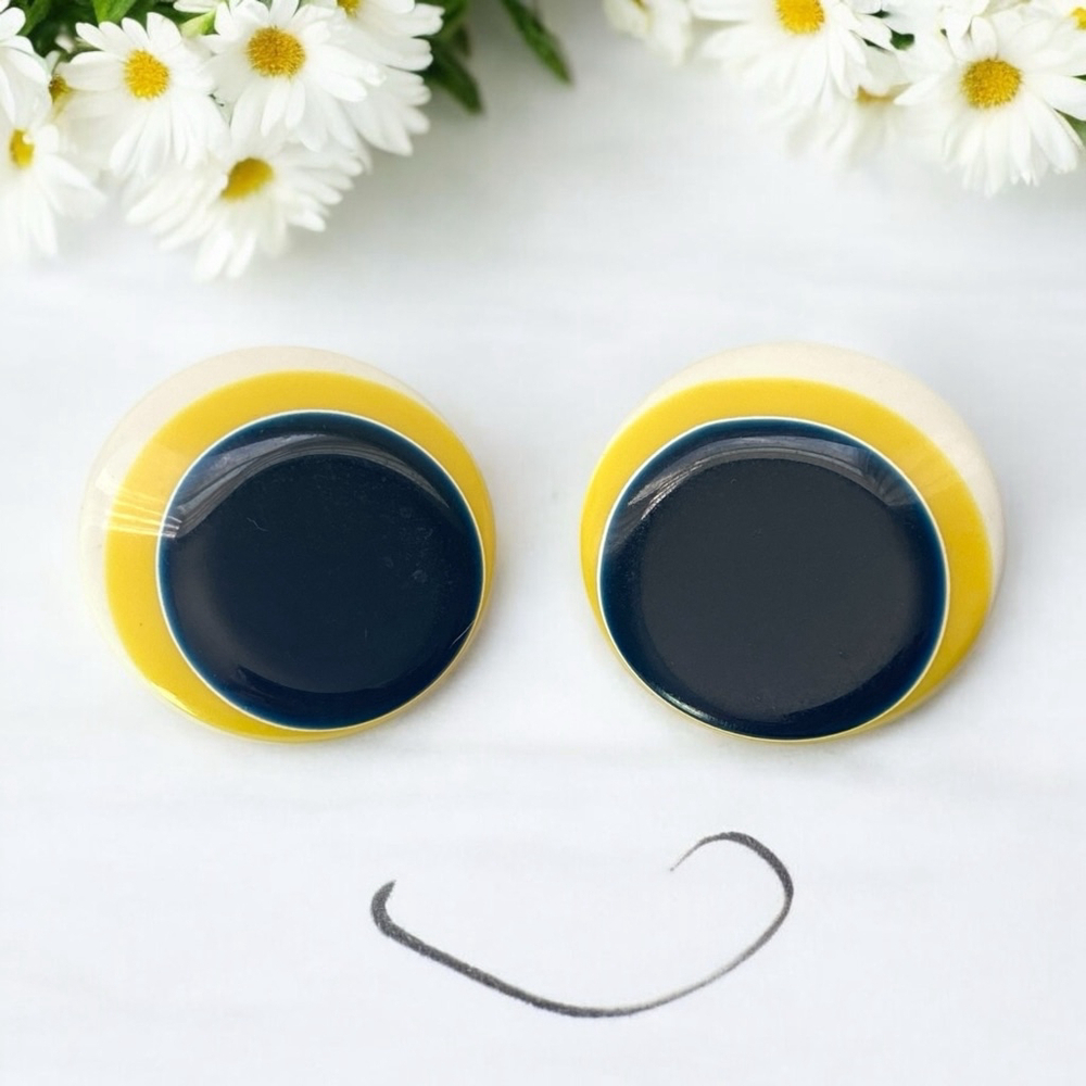 Huge Fun Retro Round Black Yellow White Lucite Earrings. Google Eye Clip ons.
